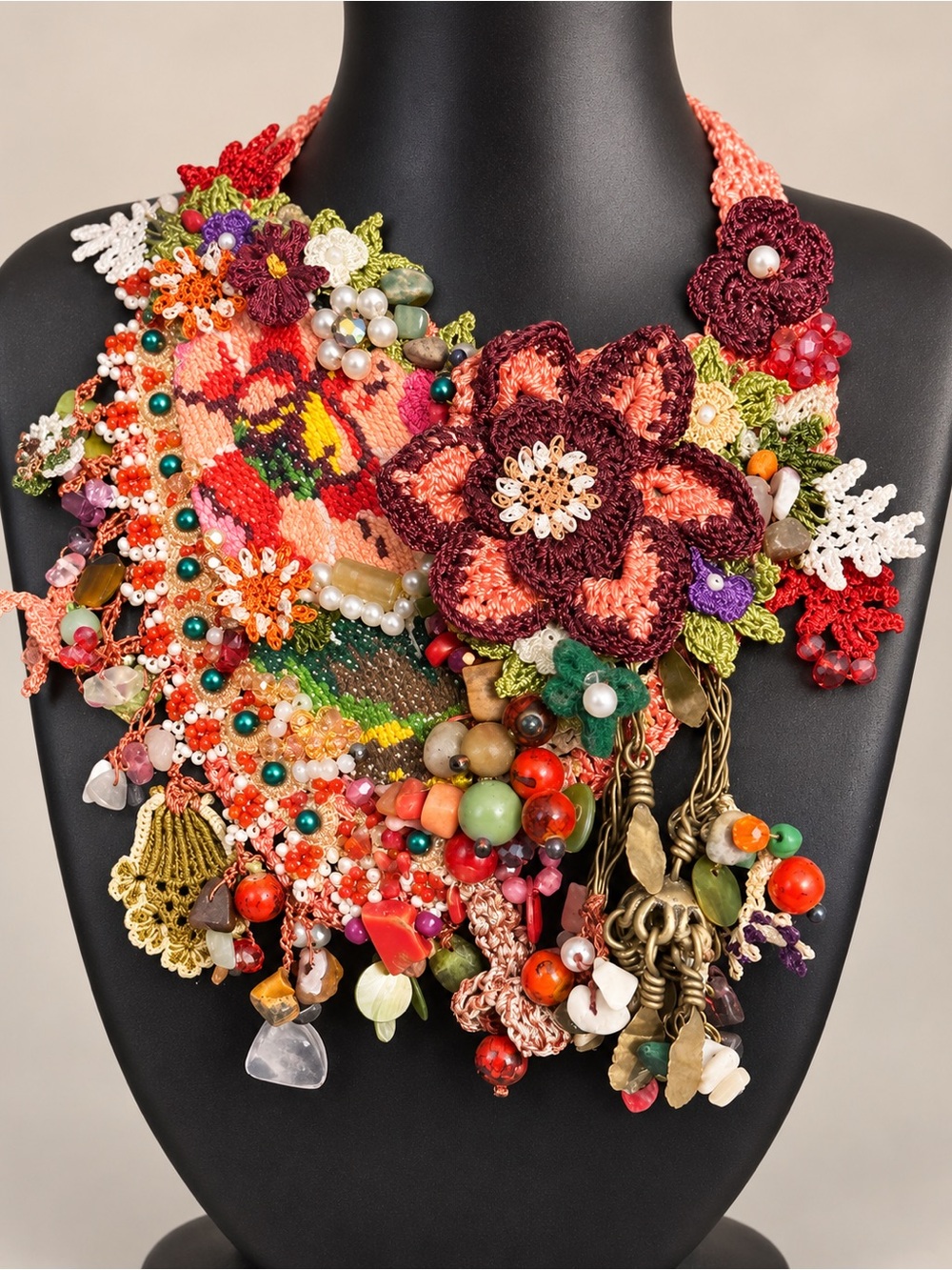 Handmade Mixed Media Crochet Floral Statement Bib Necklace